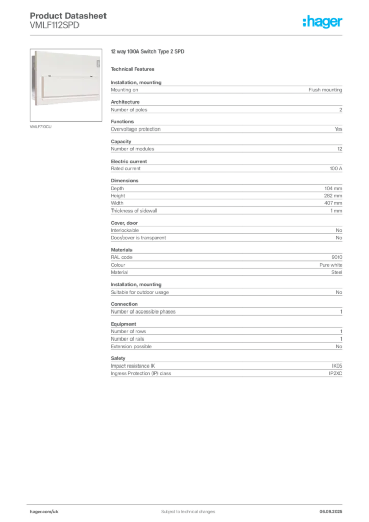 Image Hager Product data sheet VMLF112SPD  | Hager