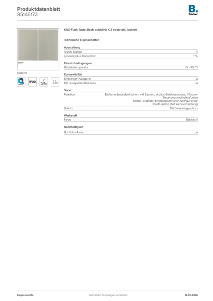 Bild Berker Produktdatenblatt 85146173 | Hager Deutschland