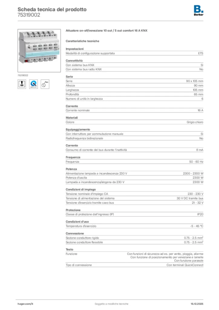 Immagine Berker Scheda tecnica del prodotto 75319002 | Hager Italia