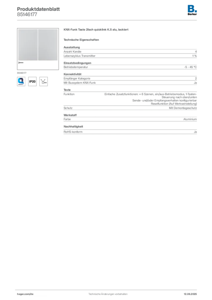 Bild Berker Produktdatenblatt 85146177 | Hager Deutschland