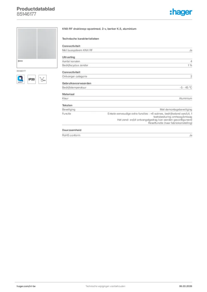 Afbeelding Hager Productdatablad 85146177 | Hager Belgium