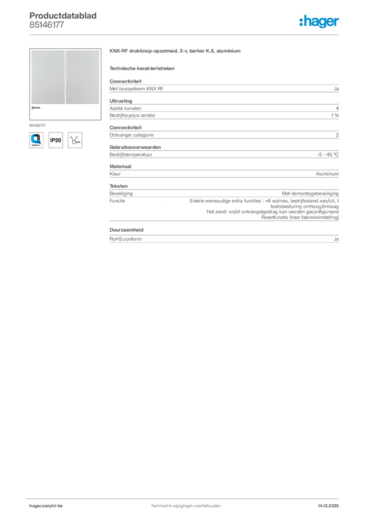 Afbeelding Hager Productdatablad 85146177 | Hager Belgium