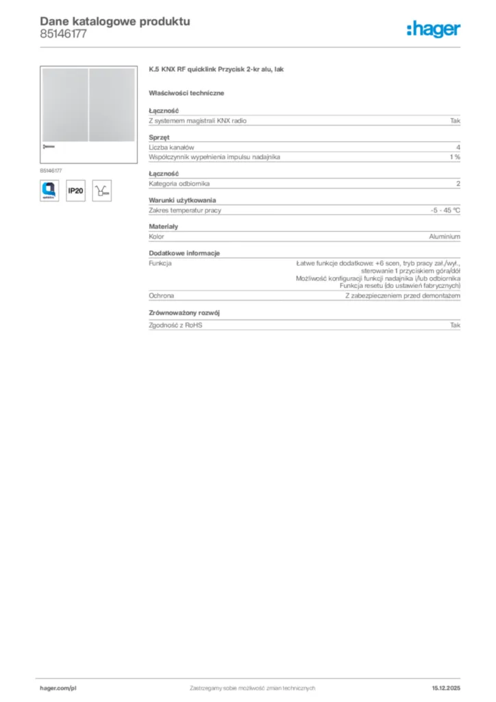 Zdjęcie Hager Karta katalogowa 85146177 | Hager Polska