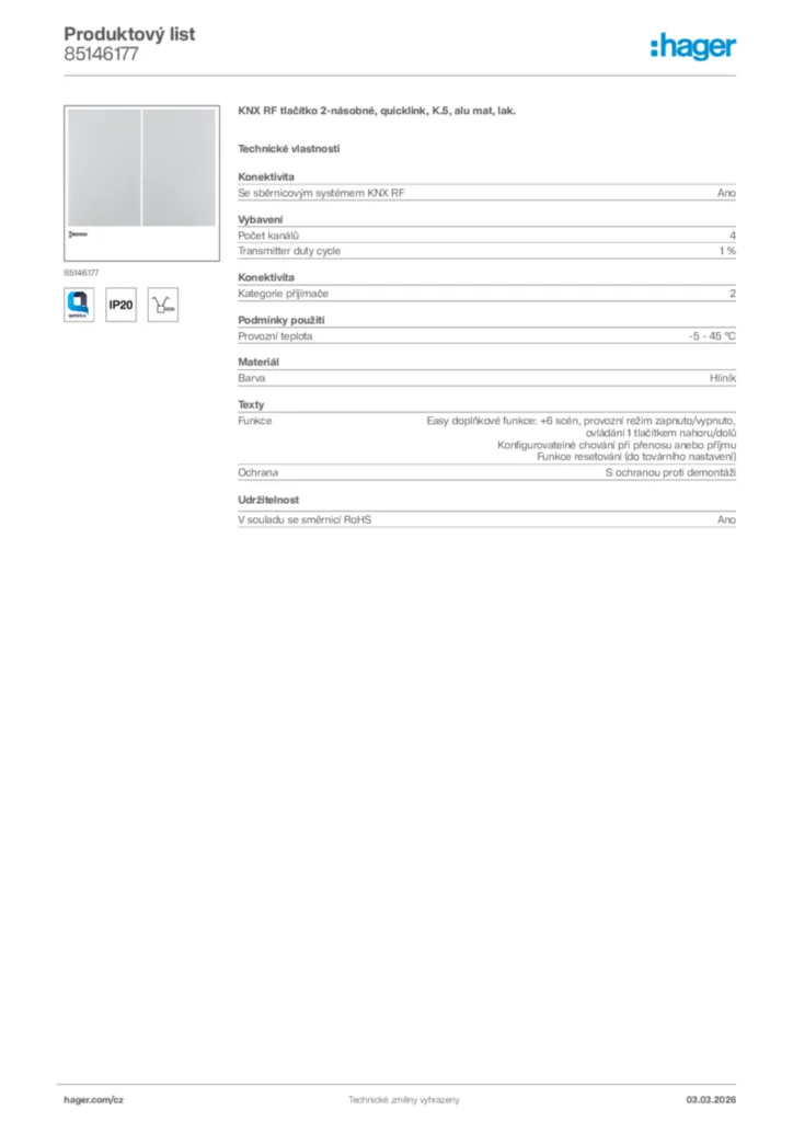 Obrázek Hager Product data sheet 85146177 | Hager