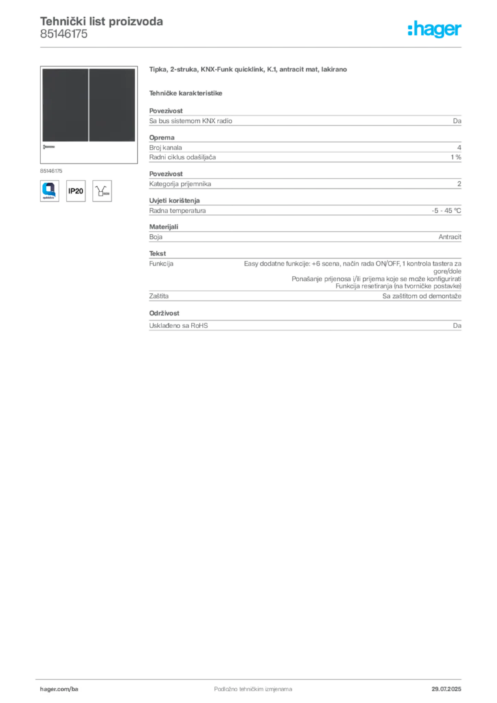 Slika Hager Product data sheet 85146175  | Hager