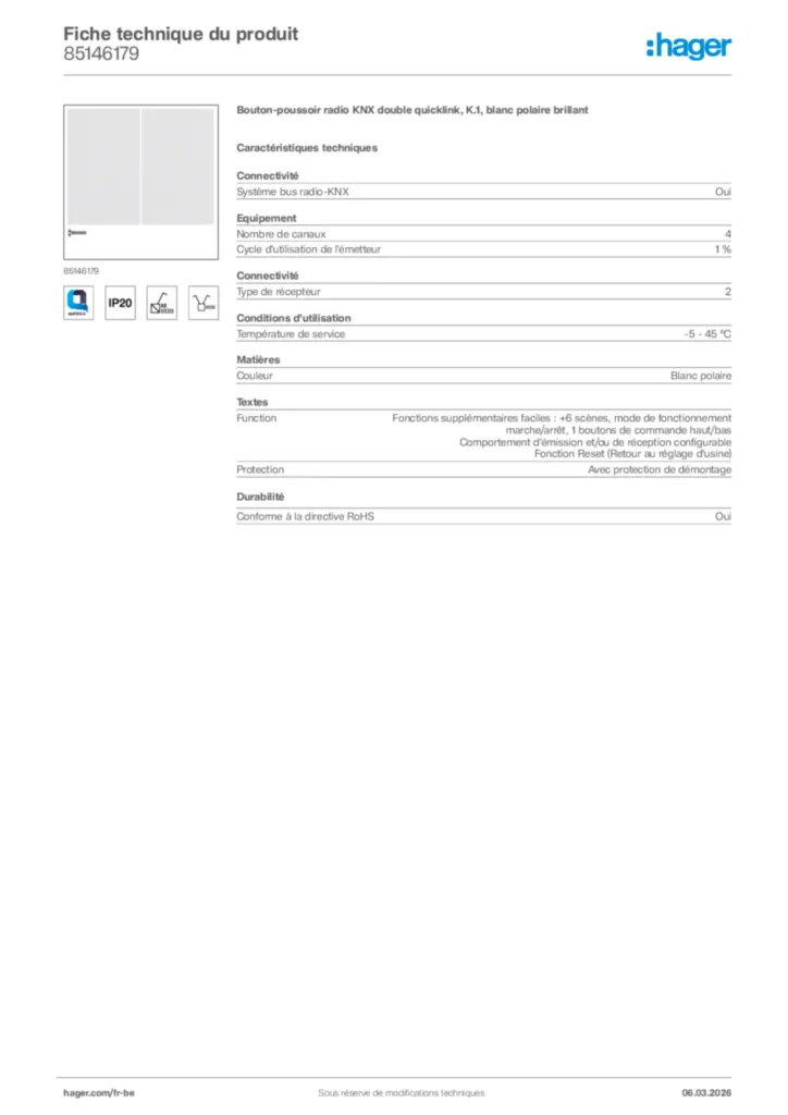 Image Hager Fiche technique du produit 85146179 | Hager Belgique