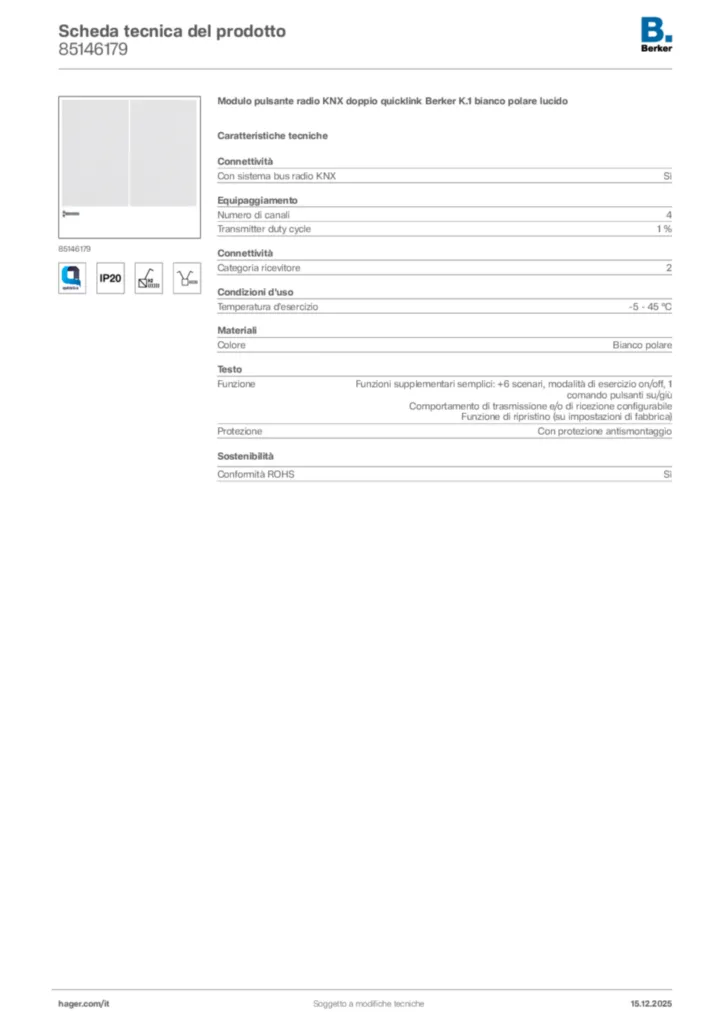 Immagine Berker Scheda tecnica del prodotto 85146179 | Hager Italia