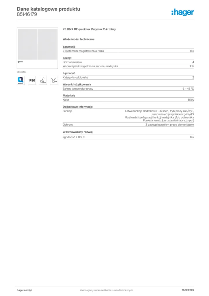 Zdjęcie Hager Karta katalogowa 85146179 | Hager Polska