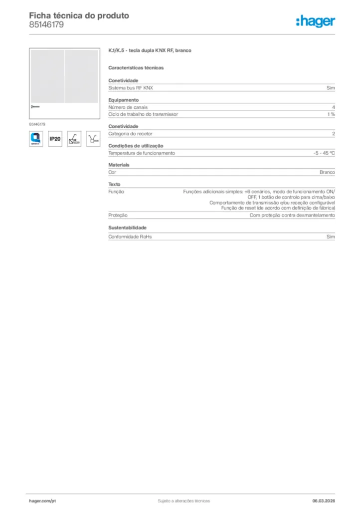 Imagem Hager Ficha técnica do produto 85146179 | Hager Portugal