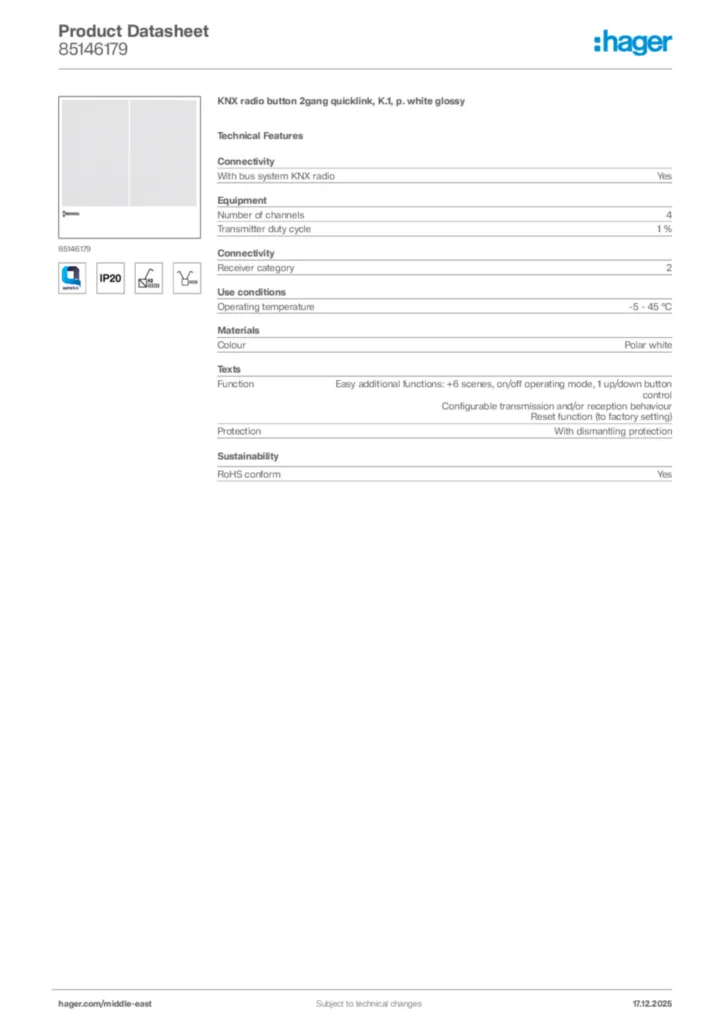 Image Hager Product data sheet 85146179  | Hager