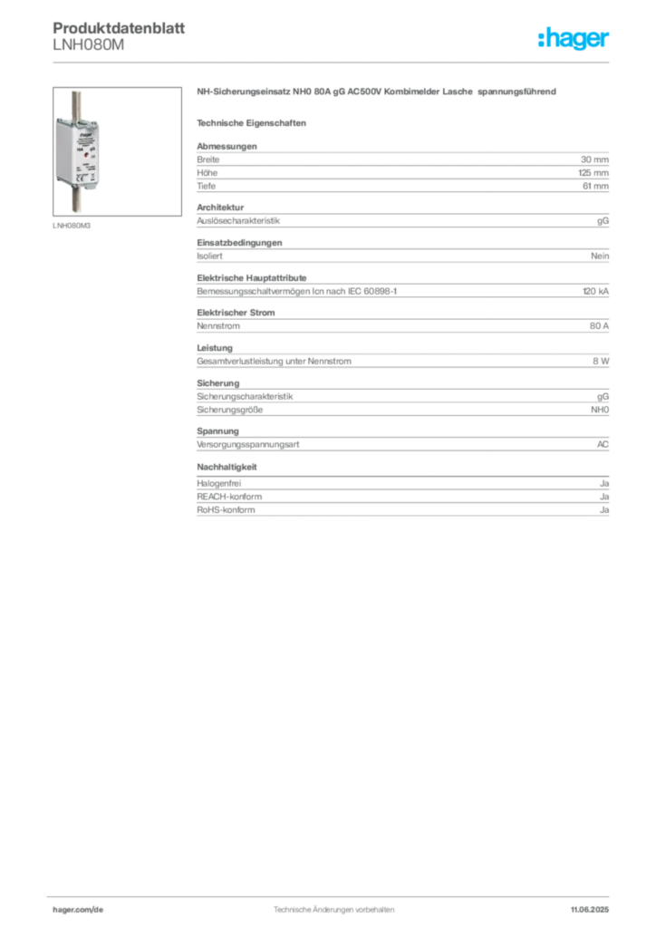 Hager Produktdatenblatt LNH080M