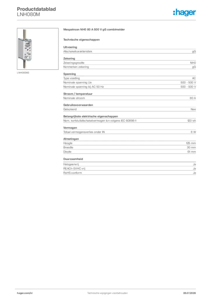 Afbeelding Hager Productdatablad LNH080M | Hager Nederland