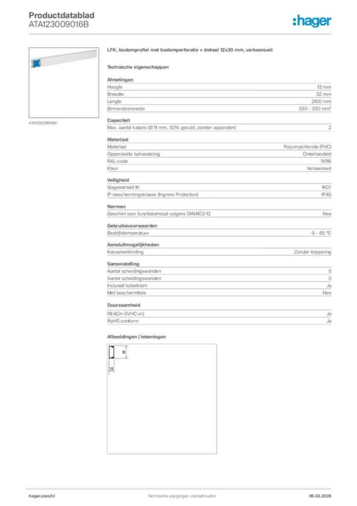 Afbeelding Hager Productdatablad ATA123009016B | Hager Nederland