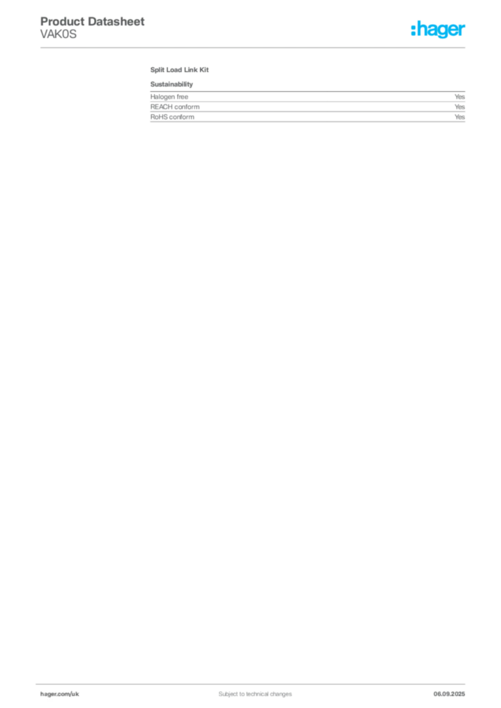Image Hager Product data sheet VAK0S  | Hager