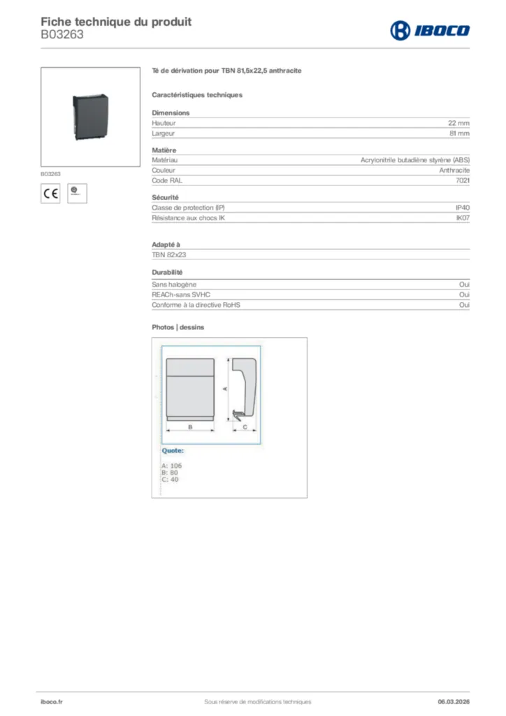 Image Iboco Fiche technique du produit B03263 | Hager France