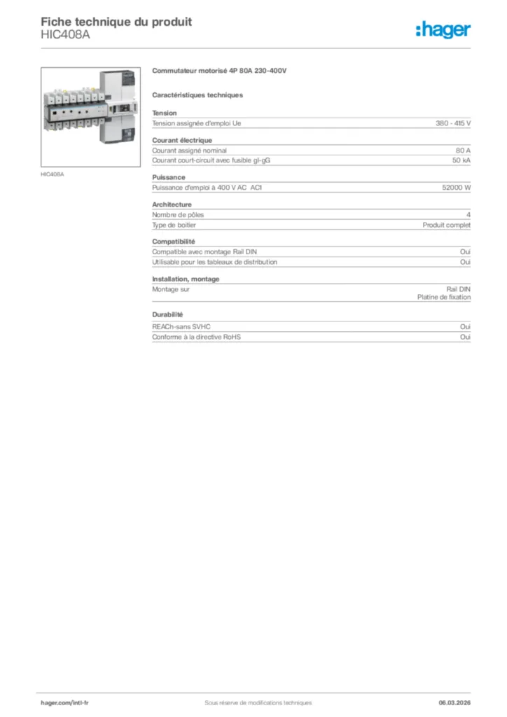 Image Hager Fiche technique du produit HIC408A | Hager Afrique