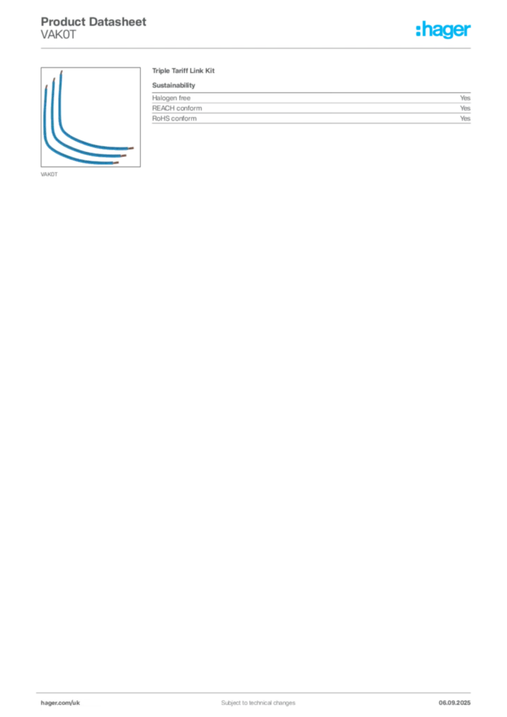 Image Hager Product data sheet VAK0T  | Hager