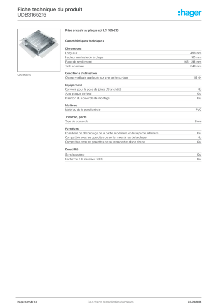 Image Hager Fiche technique du produit UDB3165215 | Hager Belgique