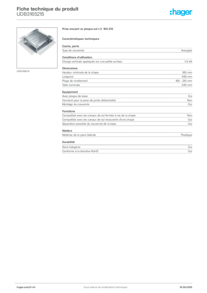 Image Hager Fiche technique du produit UDB3165215 | Hager Suisse