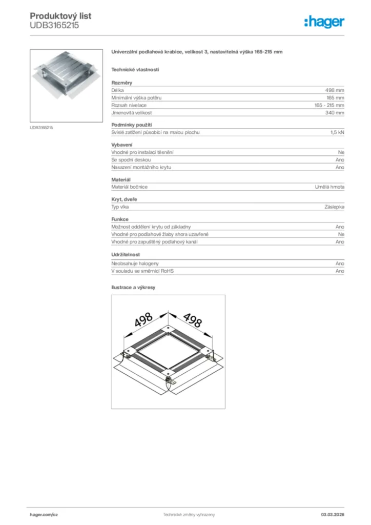 Obrázek Hager Product data sheet UDB3165215 | Hager