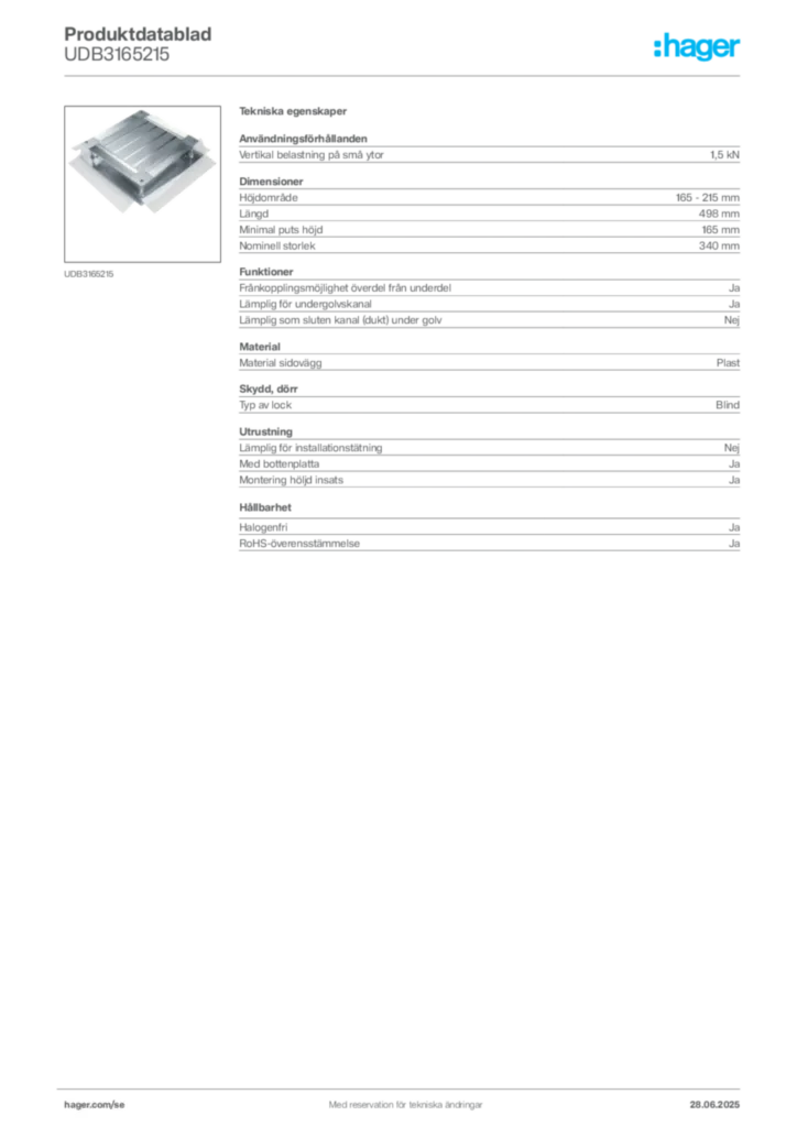 Bild Hager Produktdatablad UDB3165215 | Hager Sverige