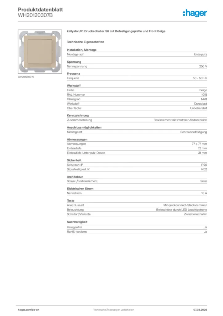 Bild Hager Produktdatenblatt WH20120307B | Hager Schweiz