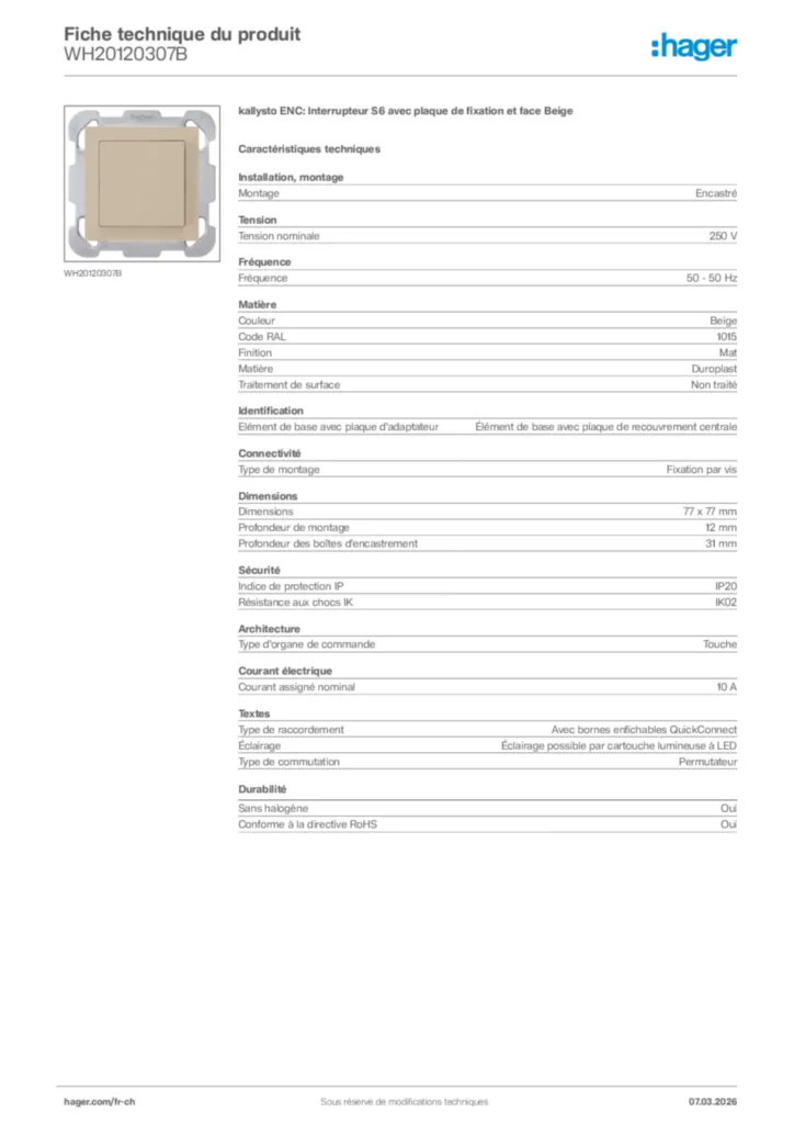Image Hager Fiche technique du produit WH20120307B | Hager Suisse