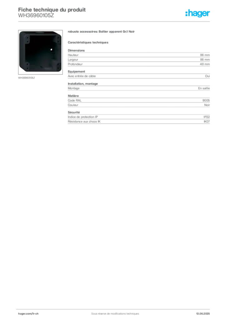 Image Hager Fiche technique du produit WH36960105Z | Hager Suisse