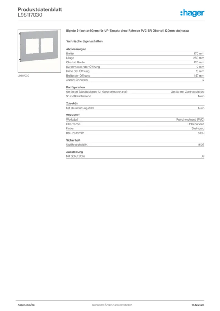 Bild Hager Produktdatenblatt L98117030 | Hager Deutschland