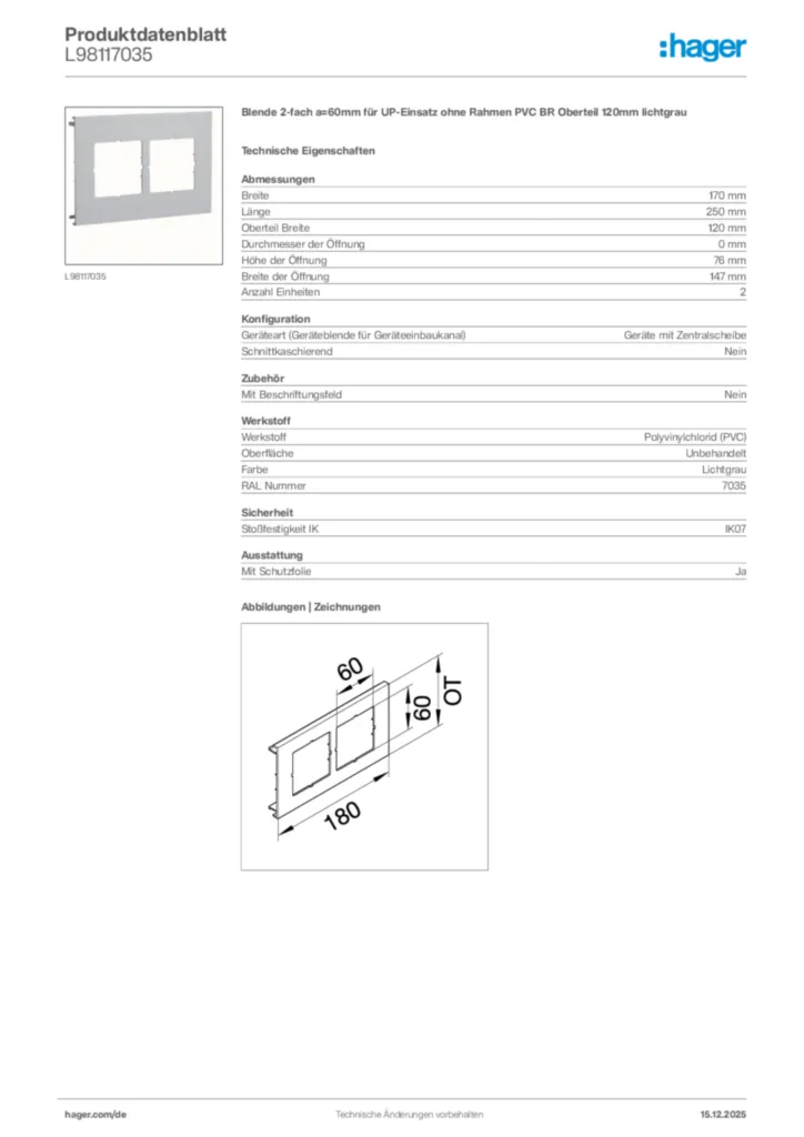 Bild Hager Produktdatenblatt L98117035 | Hager Deutschland