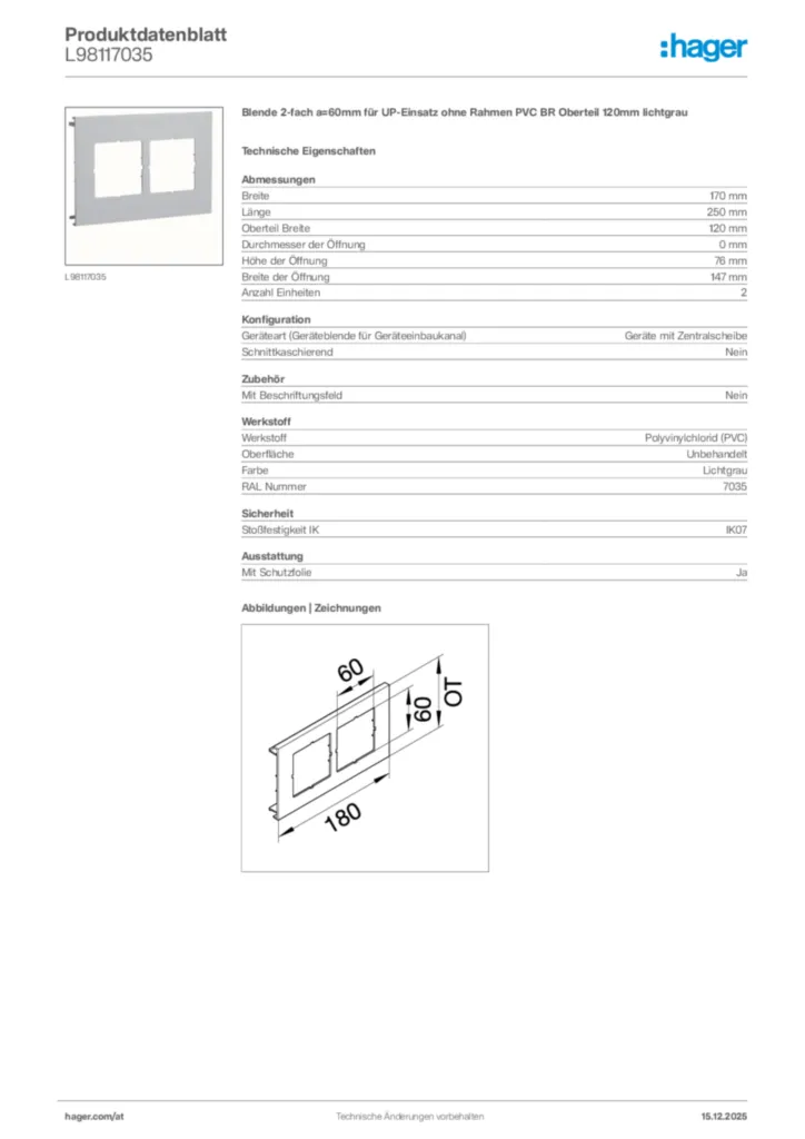 Bild Hager Produktdatenblatt L98117035 | Hager Deutschland