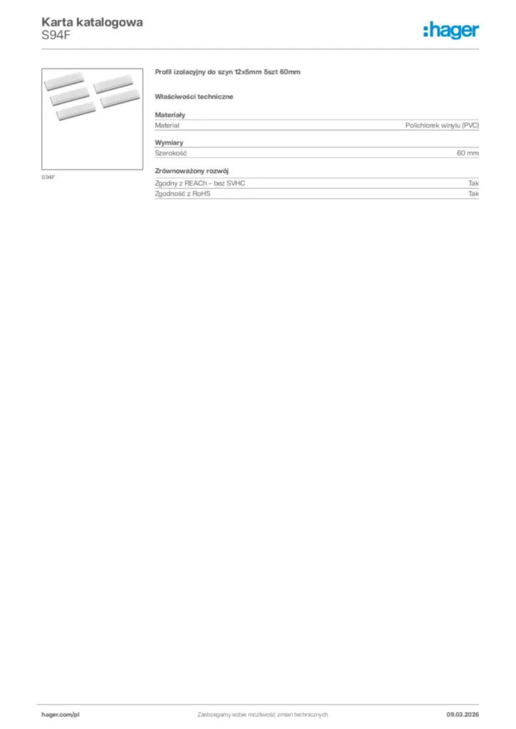 Zdjęcie Hager Karta katalogowa S94F | Hager Polska