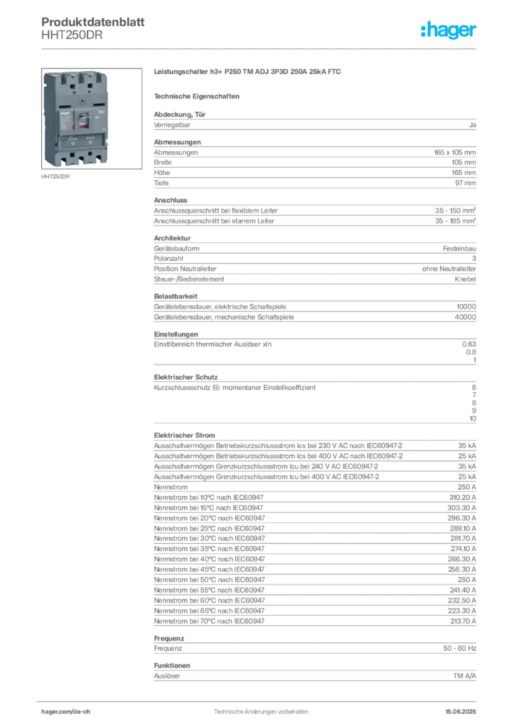 Bild Hager Produktdatenblatt HHT250DR | Hager Schweiz