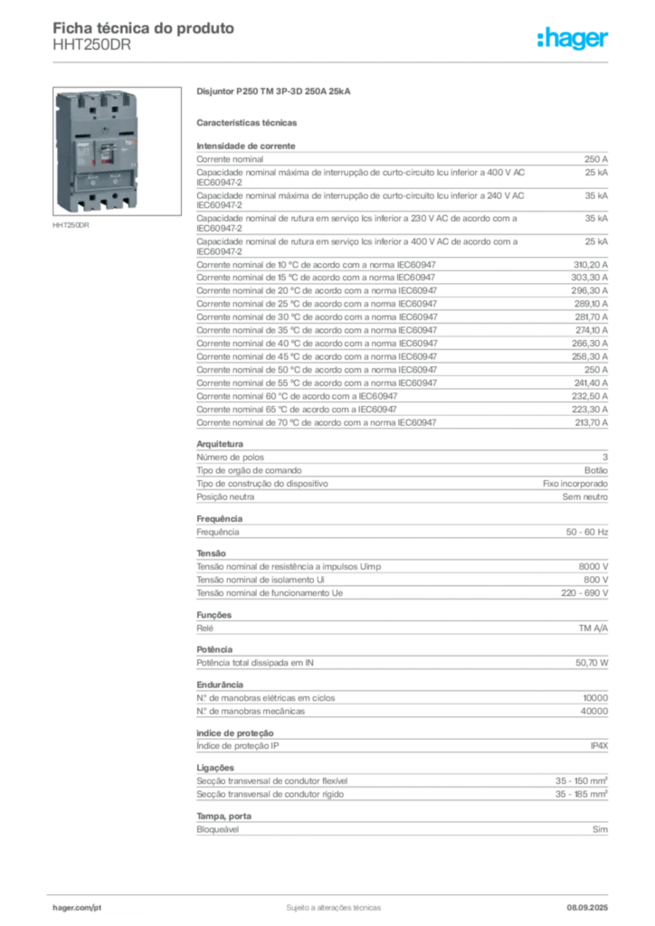 Imagem Hager Ficha técnica do produto HHT250DR | Hager Portugal