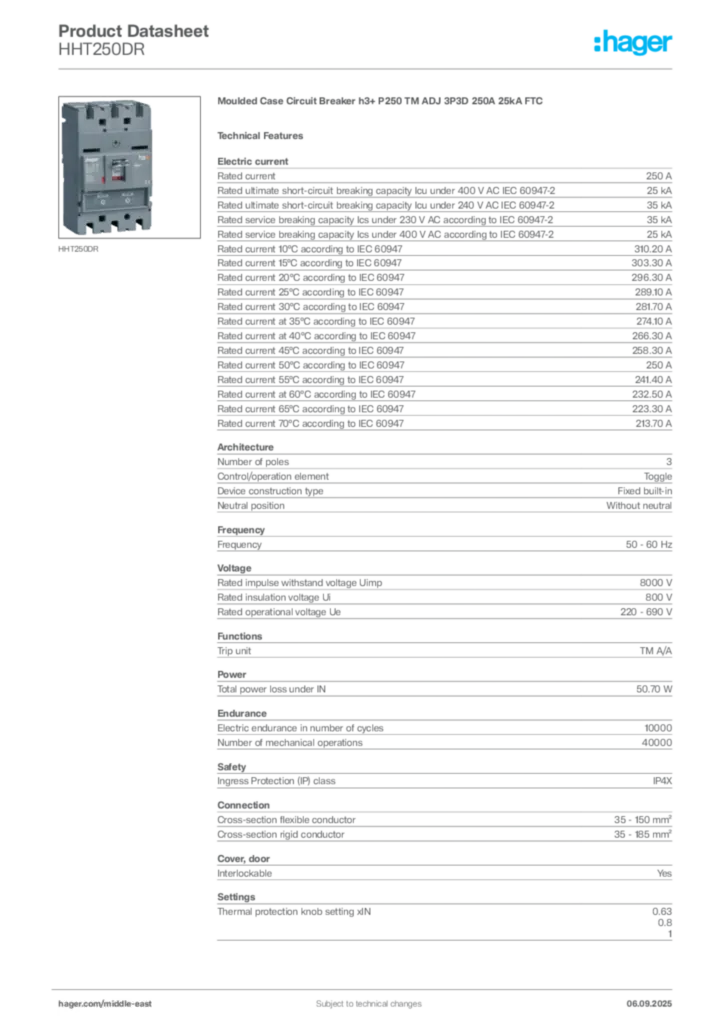 Image Hager Product data sheet HHT250DR  | Hager