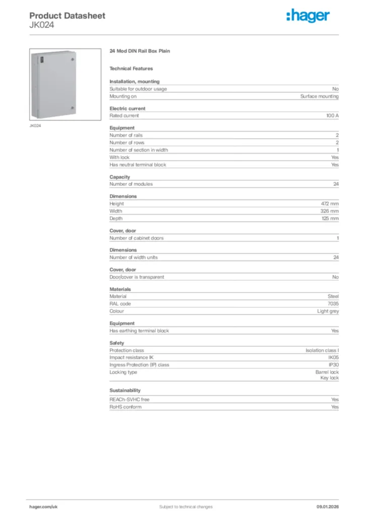 Image Hager Product data sheet JK024  | Hager