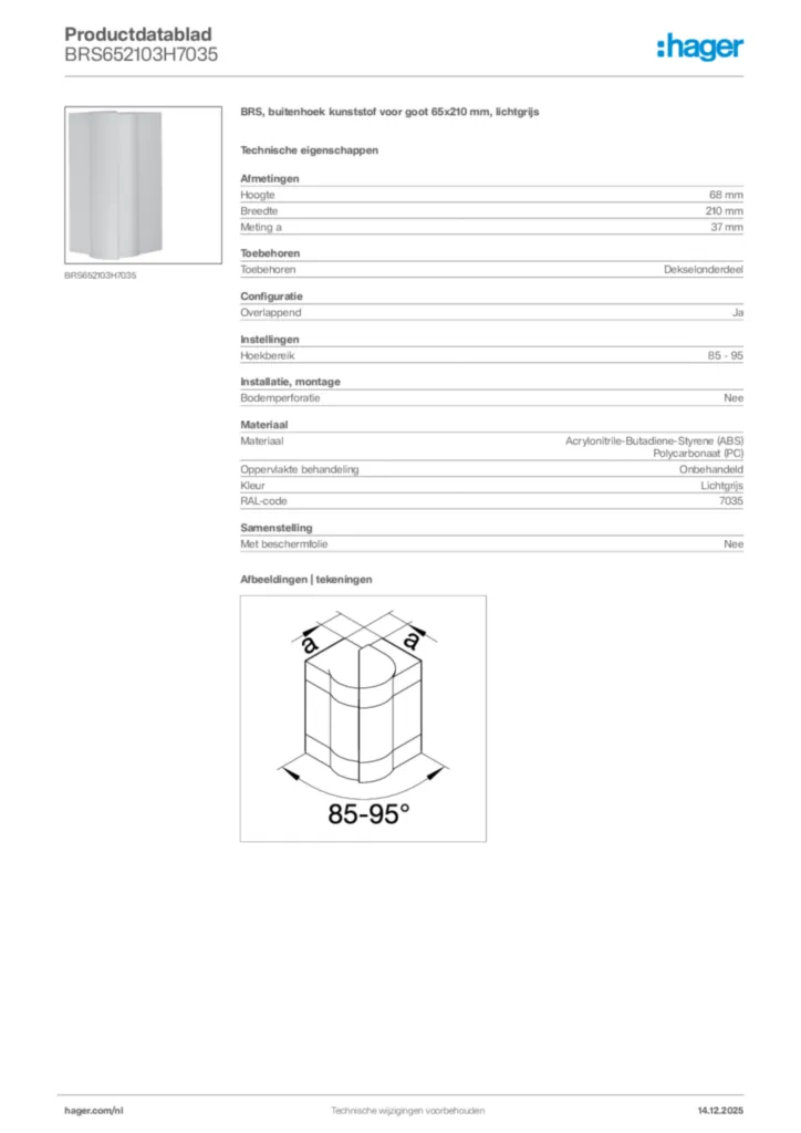 Afbeelding Hager Productdatablad BRS652103H7035 | Hager Nederland