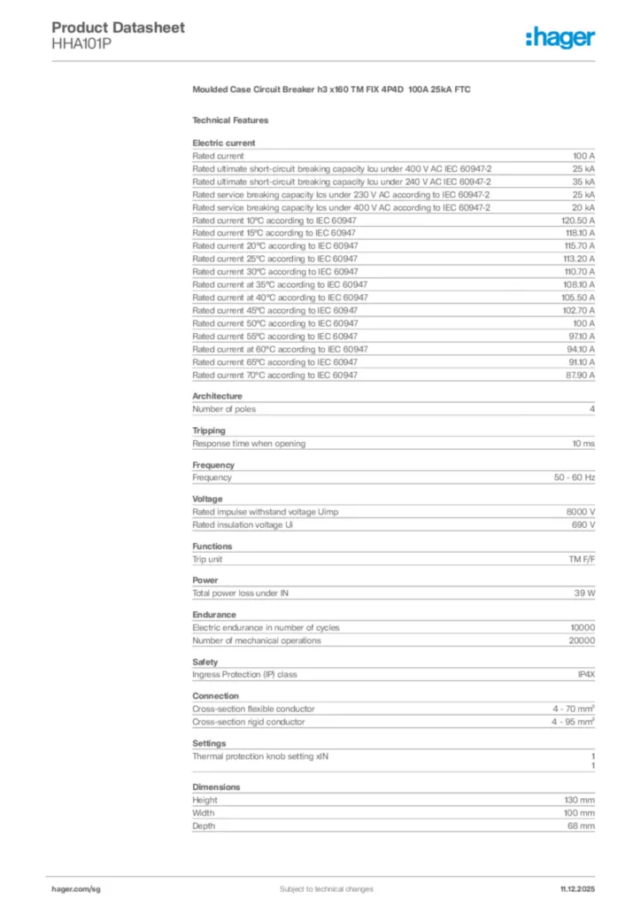 Image Hager Product data sheet HHA101P  | Hager