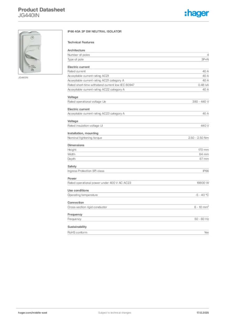 Image Hager Product data sheet JG440IN  | Hager