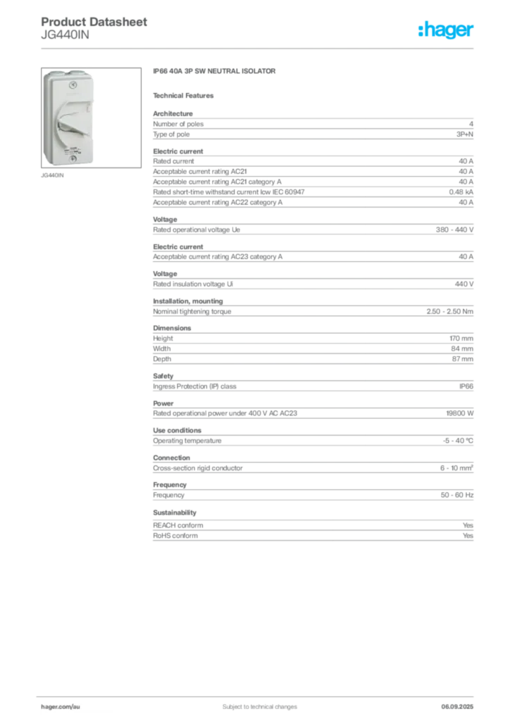 Image Hager Product data sheet JG440IN  | Hager Australia