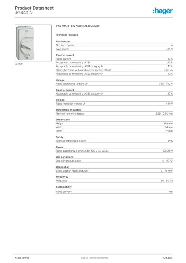 Image Hager Product data sheet JG440IN  | Hager