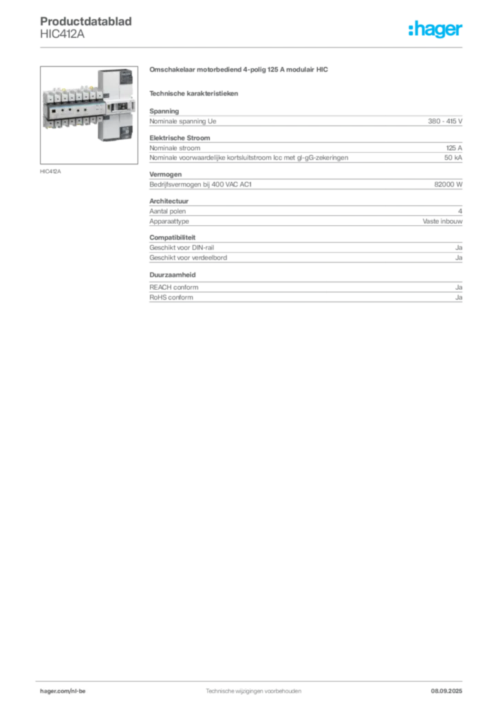 Afbeelding Hager Productdatablad HIC412A | Hager Belgium