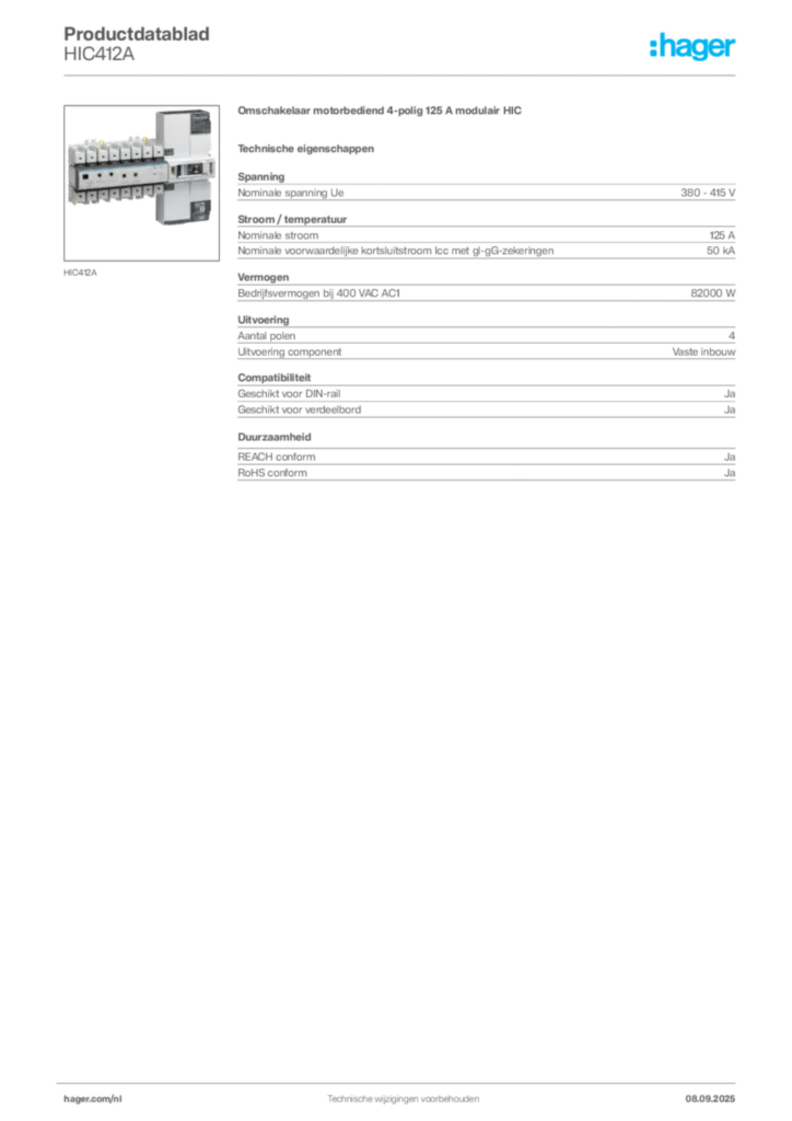 Afbeelding Hager Productdatablad HIC412A | Hager Nederland