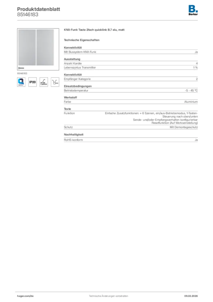 Bild Berker Produktdatenblatt 85146183 | Hager Deutschland