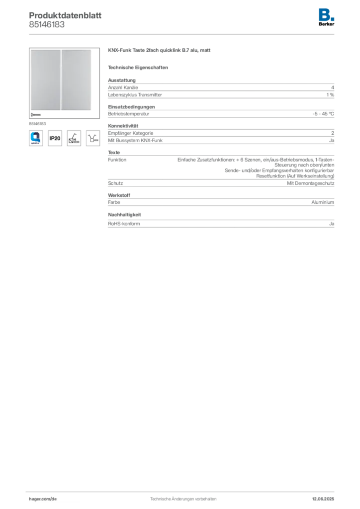 Bild Berker Produktdatenblatt 85146183 | Hager Deutschland