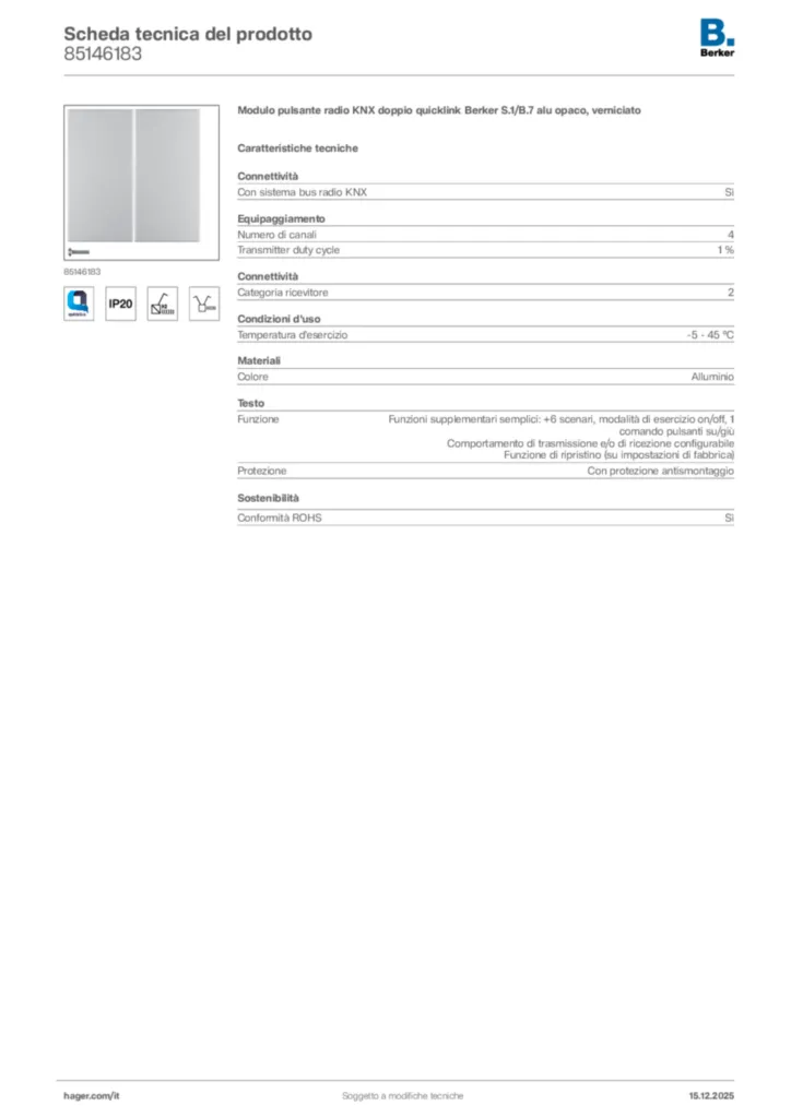Immagine Berker Scheda tecnica del prodotto 85146183 | Hager Italia