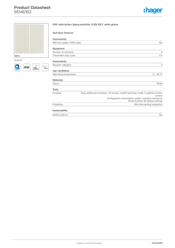 Image Hager Product data sheet 85146182  | Hager Africa