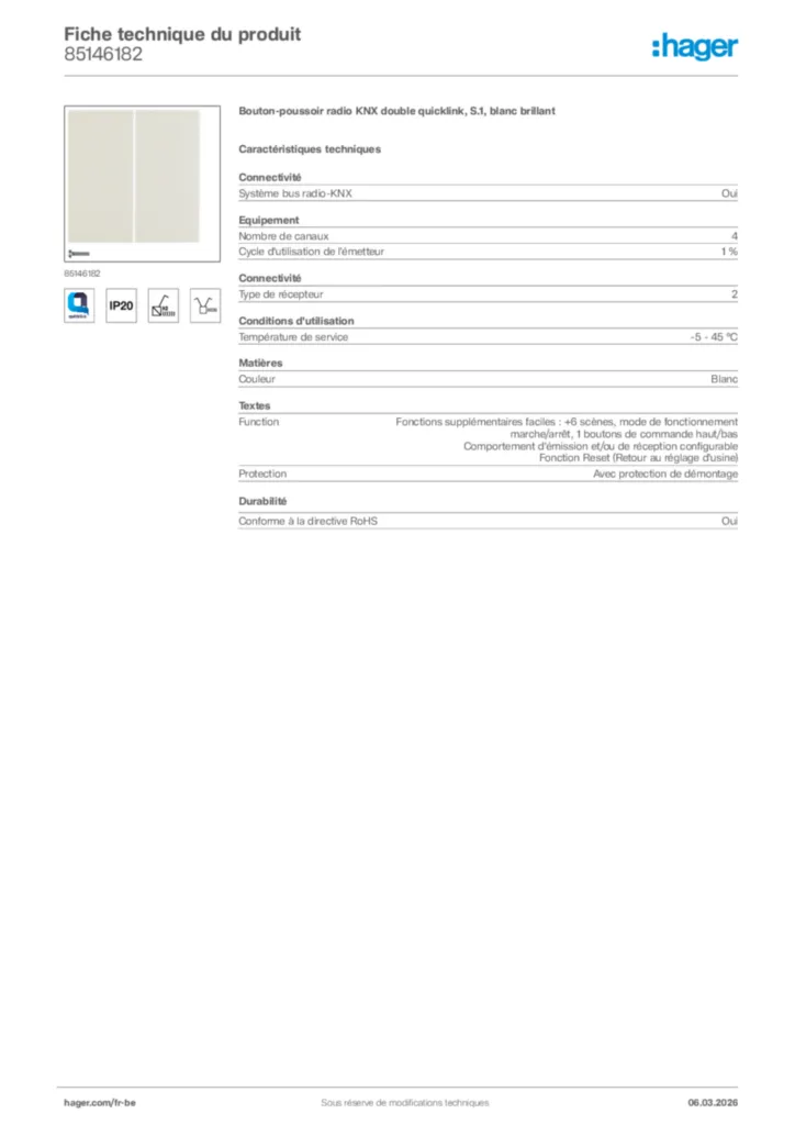 Image Hager Fiche technique du produit 85146182 | Hager Belgique