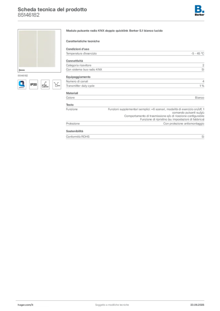 Immagine Berker Scheda tecnica del prodotto 85146182 | Hager Italia