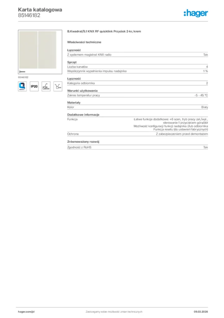 Zdjęcie Hager Karta katalogowa 85146182 | Hager Polska
